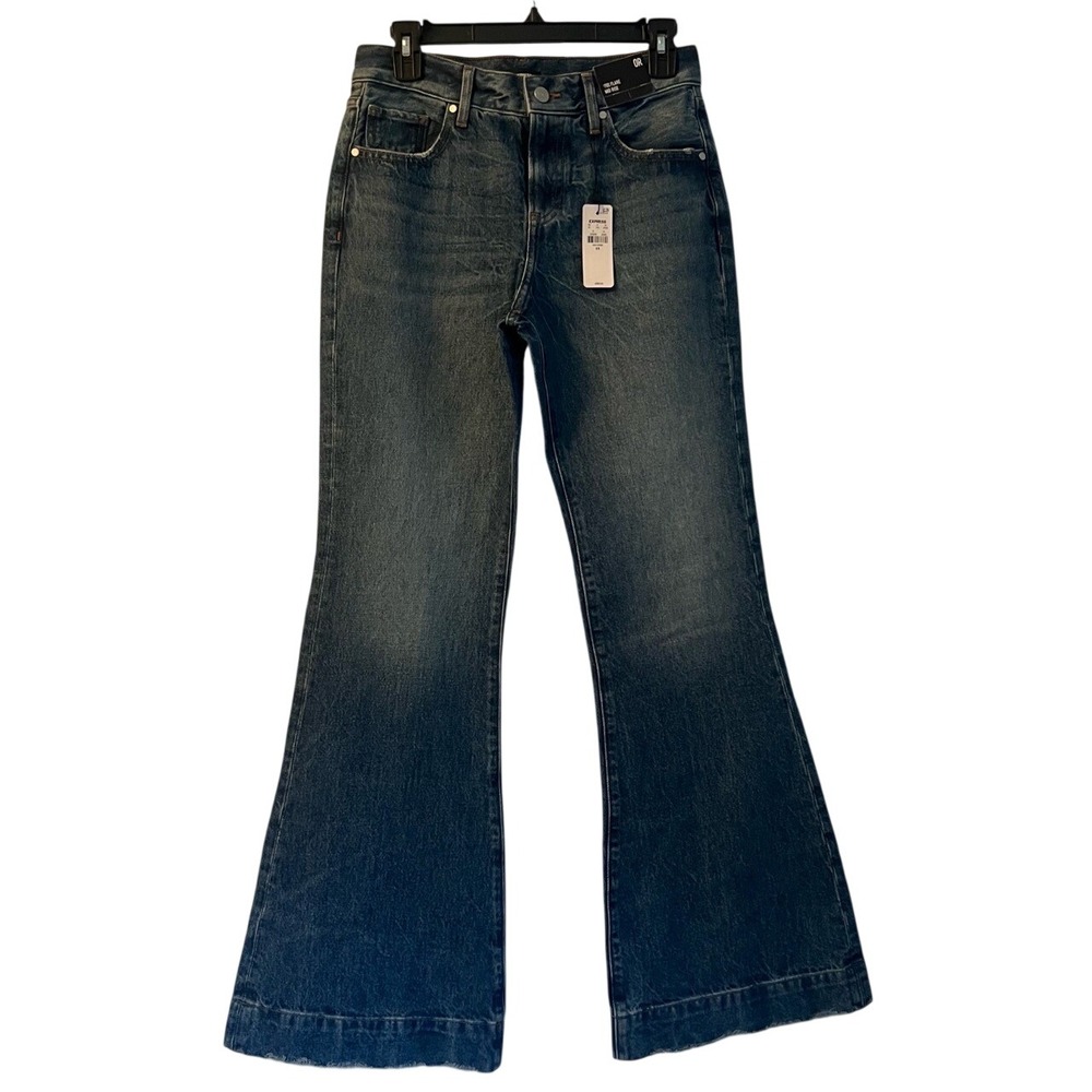 Express 70S Flare Bell Bottoms Blue Denim Frayed Hem Jeans NWT Size‎ 28